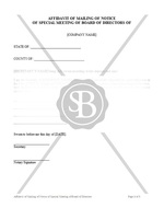 Affidavit of Mailing of Notice of Special Meeting of Board of Directors